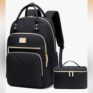 Elegant Black Quilted Backpack and Pouch Set